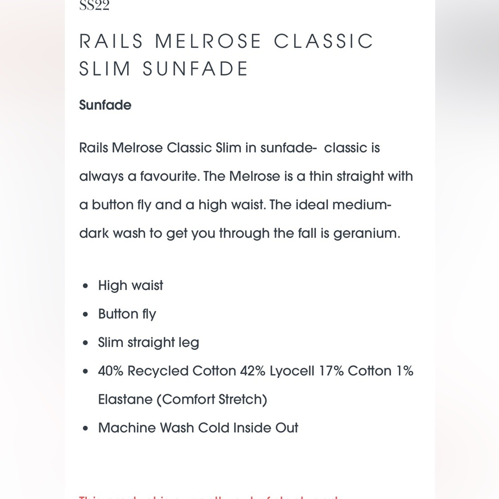 Rails the Melrose Classic Slim Straight Leg Jeans High Rise Button Fly - Picture 3 of 14